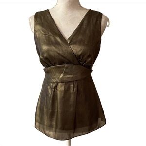 NWT Ann Taylor Blouse Womens Size 6P Metallic Bronze Gold Wrap Tie Top Flaw